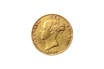 Queen Victoria 1819-1901 gold half sovereign coin dated 1853 obverse front young head portrait png file cut out and isolated on a transparent background, antique coinage collecting stock photo 