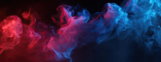 An abstract depiction of colored smoke, a vibrant dance of red and blue hues against dark backdrop