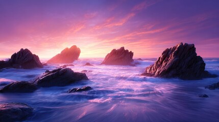 Obraz premium Colorful ocean waves crash against rocky shore at sunset.