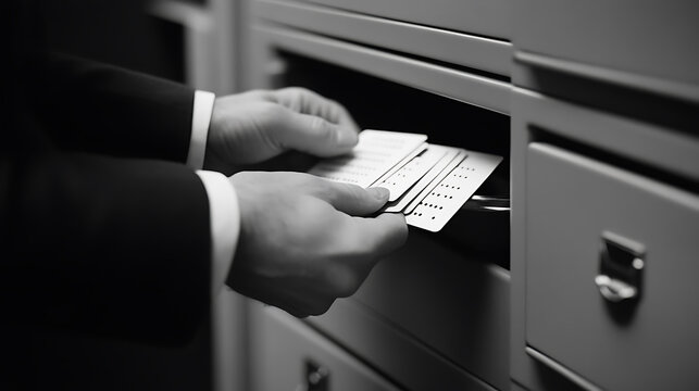 Perforated Cards in a Filing Cabinet. A black and white image of hands placing or retrieving several perforated cards from a vintage metal filing cabinet.