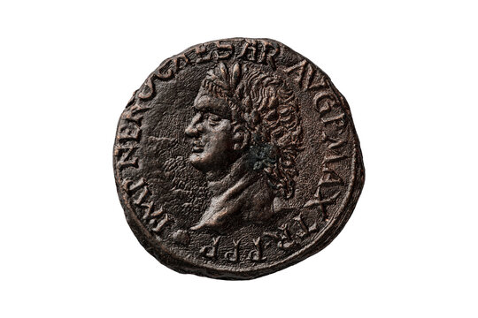 Roman Dupondius coin replica of the Roman Emperor Nero AD 37-68 portrait obverse png file cut out and isolated on a transparent background, ancient coinage collecting stock photo 