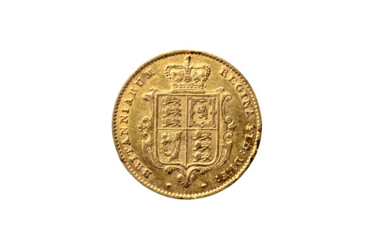 Queen Victoria 1819-1901 gold half sovereign coin dated 1853 obverse front young head portrait png file cut out and isolated on a transparent background, antique coinage collecting stock photo - Powered by Adobe