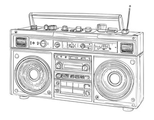 Minimalist one-line drawing of a vintage boombox with cassette deck and dual speakers
