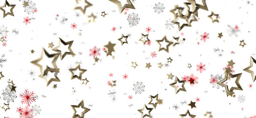 Abstract holiday background with floating golden stars, red and silver snowflakes, suitable for Christmas or New Year design or greeting card.