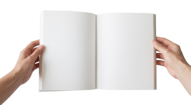 
Hands holding an open blank book or brochure for mockup isolated on transparent white background 
