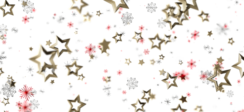 Abstract holiday background with floating golden stars, red and silver snowflakes, suitable for Christmas or New Year design or greeting card.