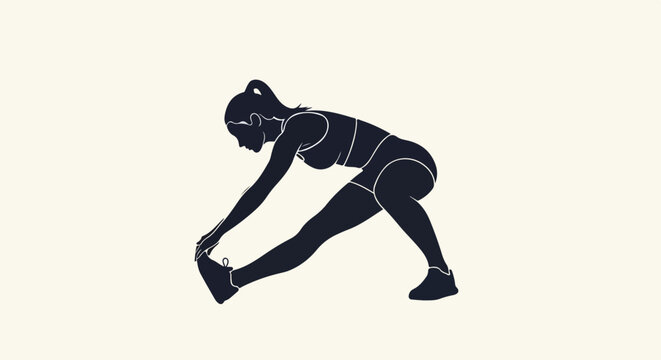 Female athlete silhouette stretching, touching toes. Hamstring flexibility exercise for fitness and workout.