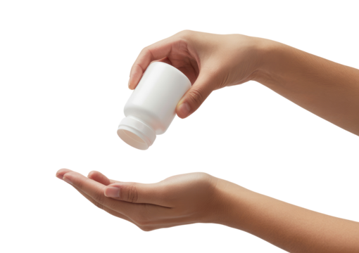 
Hands pouring medicine from a blank white bottle into an open palm isolated on transparent white background  - Powered by Adobe