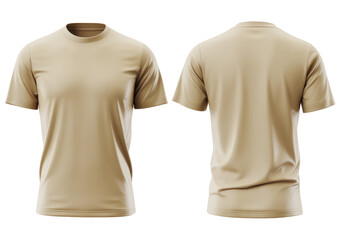 Men's beige crew neck t-shirt template, front and back view isolated on transparent white background 