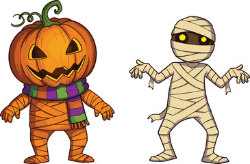 Cartoon illustration of pumpkin‑head character with striped scarf and mummy in bandages, playful spooky Halloween fantasy design
