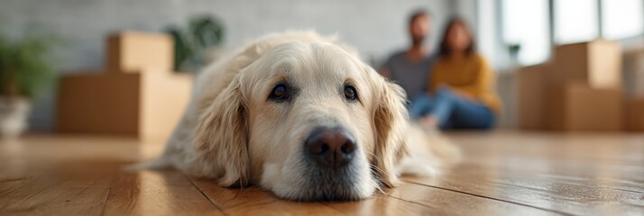 Golden retriever lying on wooden floor in new home, watching a couple resting among cardboard boxes after moving, relaxed and content in fresh domestic space