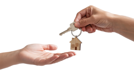 Real estate agent's hand giving house keys to a new homeowner isolated on transparent white background