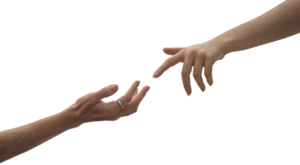 Two hands reaching for each other in a gesture isolated on transparent white background 
