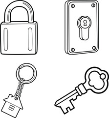 Padlock keyhole keychain and key icons set line art illustration for children's simple coloring book