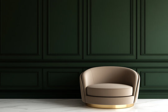 Stylish Interior: Taupe Round Chair on Marble Floor against Dark Green Paneled Wall, showcasing modern elegance and inviting ambiance.