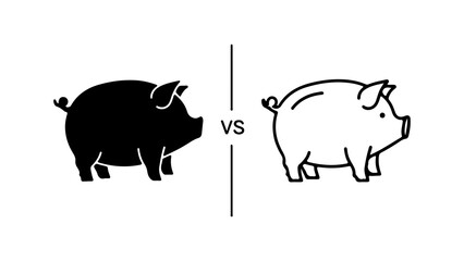 Pig comparison with outline and solid fill with transparent background