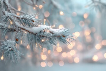Close-up of frosted evergreen branch with string lights, creating a cozy winter aesthetic