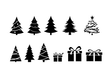 Obraz premium Elegant Christmas Tree & Gift Silhouettes: Festive Icon Set, Holiday Season, Minimalist Vector 
