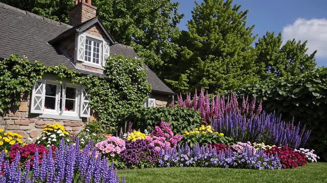 Charming garden cottage at golden hour
