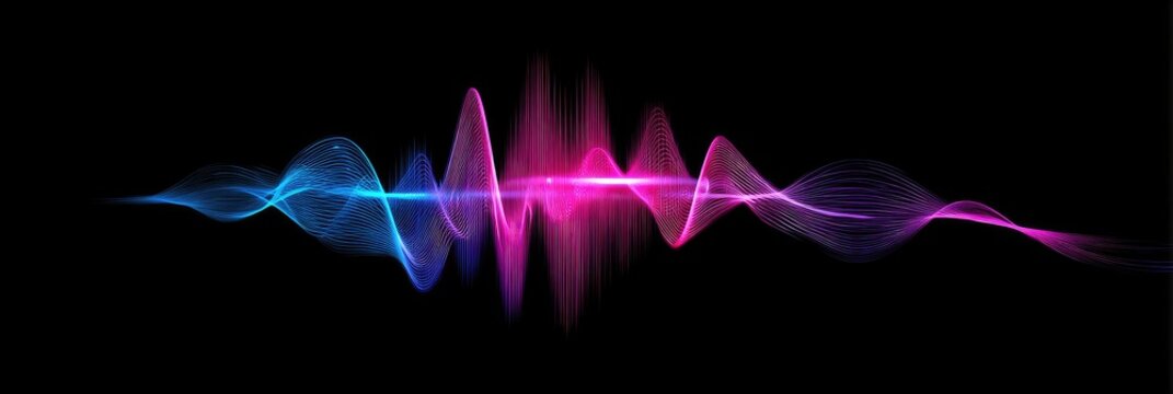 Abstract waveform graphic with vibrant blue and pink hues on a dark black background - Powered by Adobe
