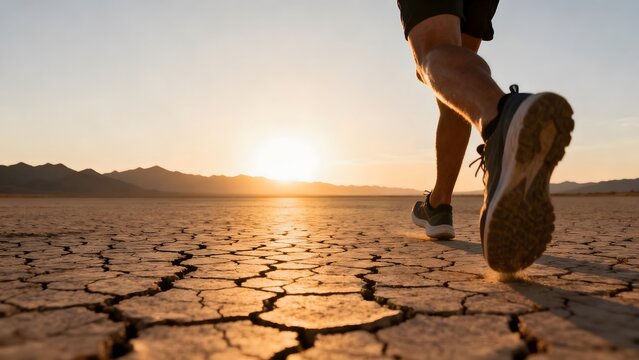 Person running on cracked earth at sunset