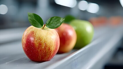Apples on conveyor, sorting, quality control, freshness, fruit, factory, production, industrial. Red and yellow apple with drops and leaves on a processing line, healthy food.