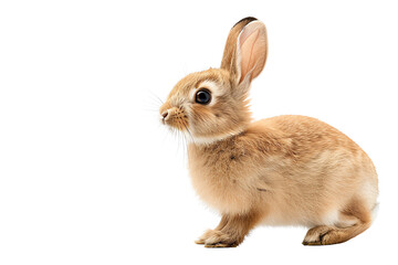 Obraz premium A cute, fluffy rabbit sitting on a white background, showcasing its curious expression and soft fur, perfect for animal lovers.
