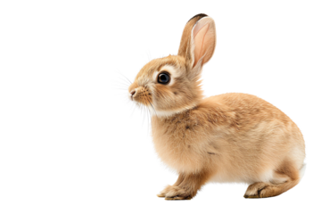 A cute, fluffy rabbit sitting on a white background, showcasing its curious expression and soft fur, perfect for animal lovers.