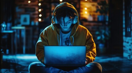 Teenage boy sitting in darkness illuminated only by a glowing laptop screen, face absorbed in online gaming