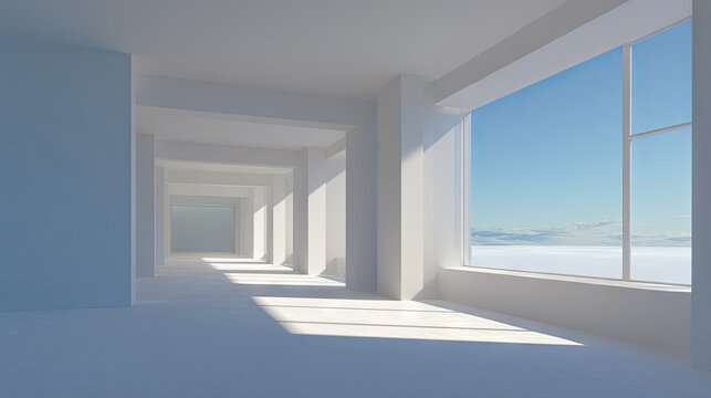 Bright white architectural interior with large windows overlooking sky view