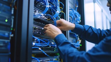 IT technician connecting network cables in a server room with racks of equipment - Powered by Adobe