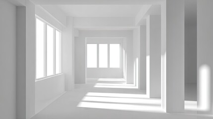 Bright white interior architectural perspective with columns and windows