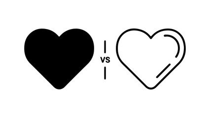Heart comparison solid versus outline with transparent background