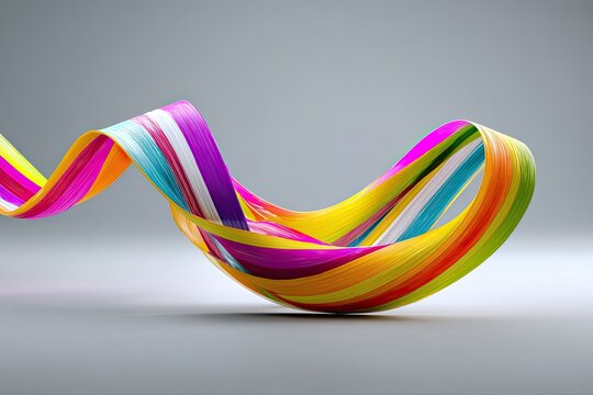Swirling, ribbon-like strands in an array of vibrant colors create a dynamic visual over a light-gray background