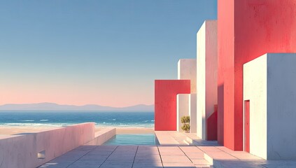 Architectural view of a modern building overlooking the ocean and beach