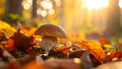 A single mushroom rises from fallen leaves. Sunlight bursts through trees creating a blurred, golden background