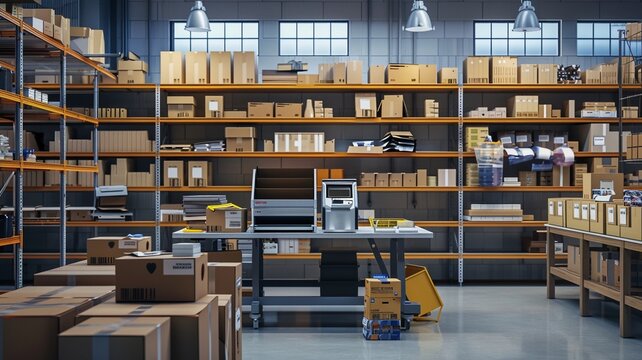 Organized warehouse packing area with cardboard boxes, shipping labels, shelving units, and worktables under industrial lighting.