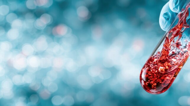 A dynamic laboratory test tube filled with a vibrant red liquid is showcased, capturing bubbles, and a blurred background that conveys scientific exploration and innovation.
