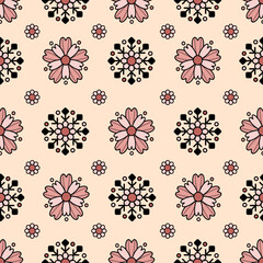 A seamless pattern featuring stylized flowers and geometric shapes in soft pink and black against a light background.