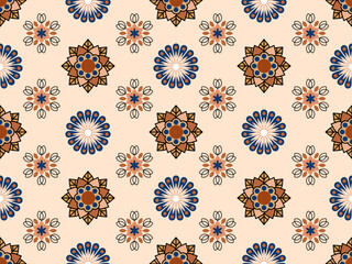 A vibrant, symmetrical pattern featuring floral and geometric designs in earthy tones and contrasting colors on a soft background.