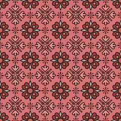A vibrant floral pattern featuring symmetrical designs in shades of pink, green, and brown, suitable for various decorative applications.