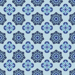 A repeating floral pattern featuring intricate blue and purple designs on a light blue background.