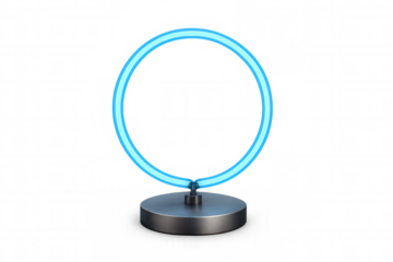 Blue neon ring lamp generating futuristic light with minimalist aesthetic on transparent background