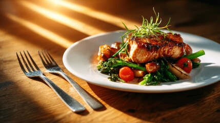 A delightful grilled salmon fillet served with a medley of fresh vegetables, representing healthy eating and culinary finesse in a warm ambiance.