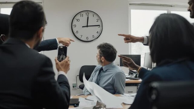 Team members are accusing a man at his desk by pointing at him and a wall clock, emphasizing deadlines