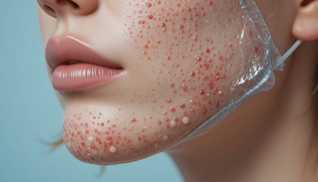 Skin Problems Close-up of Acne and a Cleansing Mask on a Woman's Face