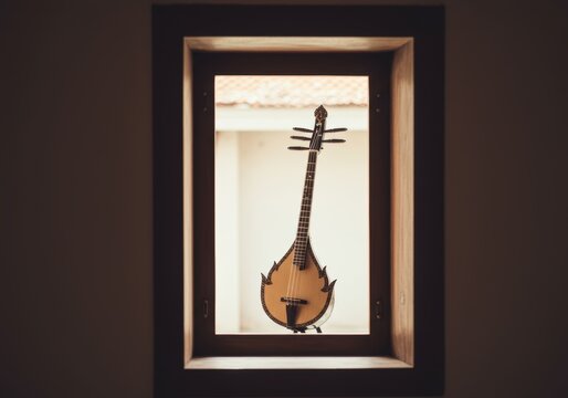 Unique Thai Stringed Instrument in Wooden Window Frame