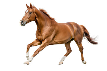 Obraz premium A majestic brown horse running freely, showcasing its strength and grace in a dynamic pose against a clear background.