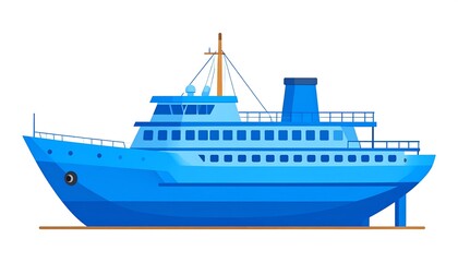 Fototapeta premium A side view of a bright blue passenger vessel, with multiple levels, a smokestack, and a mast, floating in the water