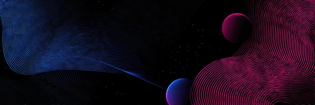 Dark abstract background featuring flowing lines, gradients of blue and pink, and spheres